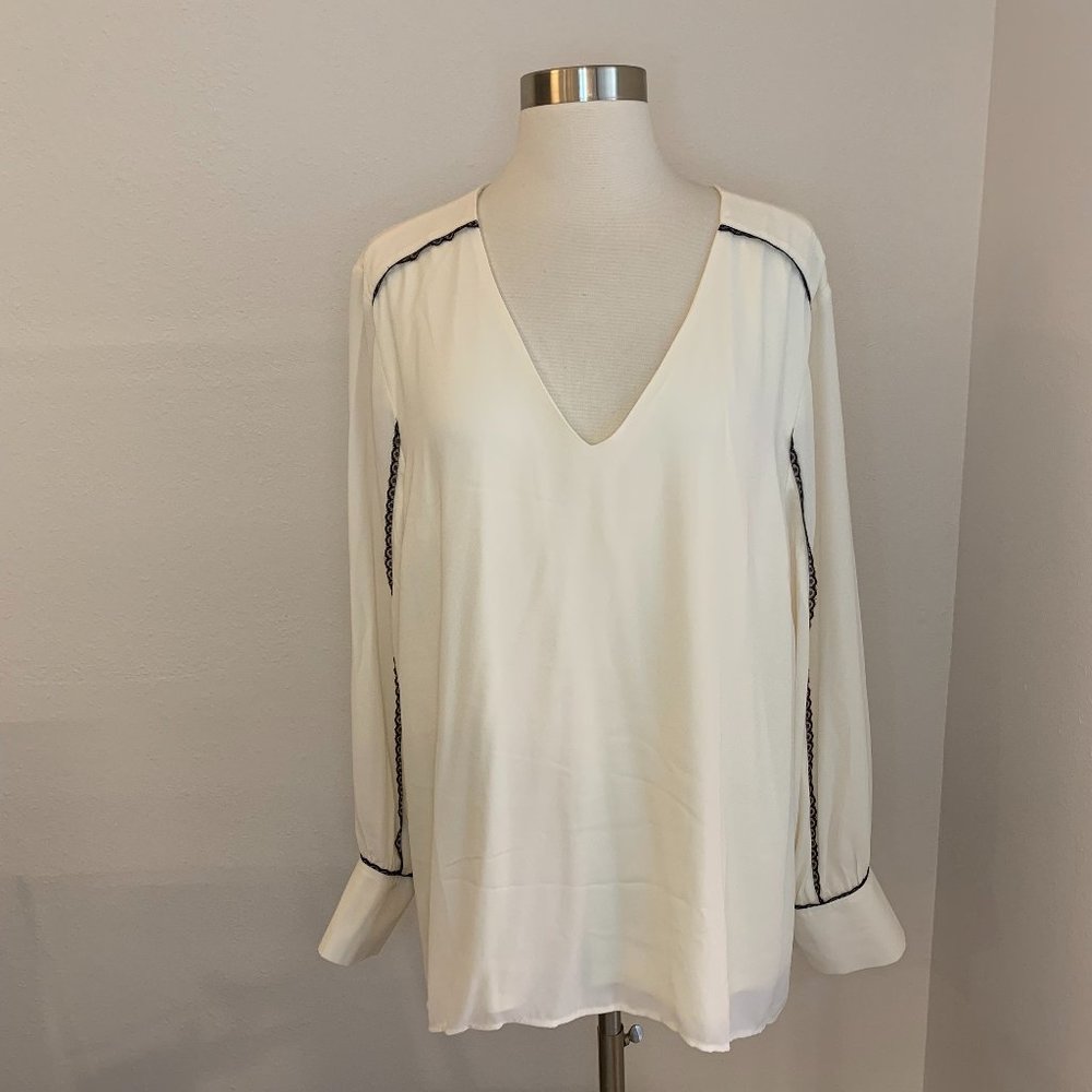 NWOT J Jason Wu Long Sleeve V-neck Blouse with Lace Trim, Sz XL